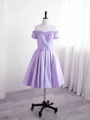 Light Purple Satin Short Party Dress with Lace, Cute Short Homecoming Dress