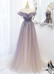 Light Purple Shiny Tulle Gradient A-line Sweetheart Prom Dresses, Long Tulle Formal Dresses