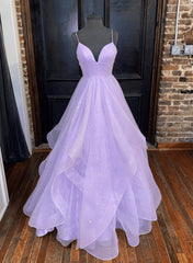 Light Purple Tulle Straps Long Formal Dresses, A-line Purple Prom Dresses