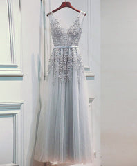 Light Sliver Grey Lace Applique V-neckline Long Party Dress, Light Grey Wedding Party Dress