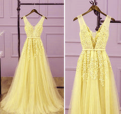 Light Yellow Tulle Long Party Dresses, A-line Prom Dresses Evening Gowns