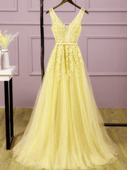 Light Yellow Tulle Long Party Dresses, A-line Prom Dresses Evening Gowns