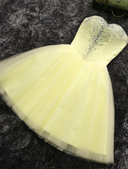 Light Yellow Tulle Short Beaded Sweetheart Homecoming Dress, Tulle Short Formal Dress