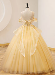 Light Yellow Tulle with Beadings and Lace Party Dresses, Yellow Tulle Prom Dresses