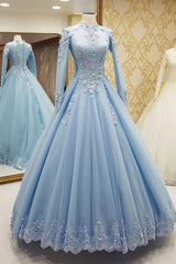 Gorgeous High Neck Long Sleeves Puffy Prom Dresses, Light Blue Long Evening Dresses