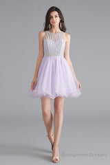 A-Line Tulle Sleeveless Beading Homecoming Dresses