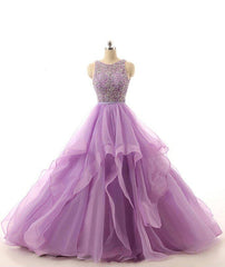 Lilac Lace Beaded Long Organza Quinceanera Ball Gowns