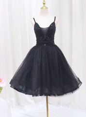 Litter Black Tulle Sequins Spaghetti Straps Homecoming Dresses