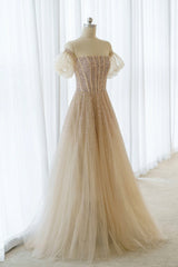 A-Line Tulle Beaded Long Prom Dress, Champagne Short Sleeve Evening Dress