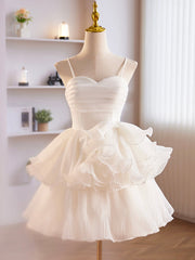 White Tulle Sweetheart Short Prom Dress, White Tulle Straps Party Dress