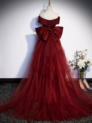 Burgundy V-Neck Satin Long Prom Dress, Mermaid Off Shoulder Evening Dress with Bow