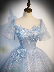 Blue Tulle Lace Long Prom Dress, Shiny A-Line Short Sleeve Evening Dress