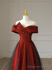 Burgundy Satin Long V-Neck Prom Dress, Off the Shoulder Party Dress