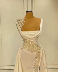 Long A-Line Square Neckline Satin Ivory Prom Dress With Slit