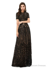 Long Black Sparkly Sequins Prom Dresses With Short Sleeves