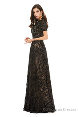 Long Black Sparkly Sequins Prom Dresses With Short Sleeves