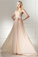 Long Chiffon Champagne Prom Dresses With Lace Bodice