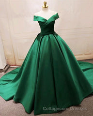 Long Green Satin V-neck Ball Gowns Prom Dresses Off The Shoulder