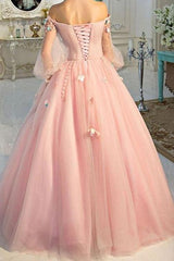 Long Sleeve Pearl Pink Off The Shoulder With Hand-made Flower Quinceanera Dresses