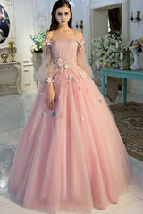 Long Sleeve Pearl Pink Off The Shoulder With Hand-made Flower Quinceanera Dresses