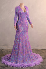 Long Sleeve Purple Prom Dresses for Teens Black Girls Luxury Feather Hem Plus Size Evening Gown Womens Sequin Party Dress