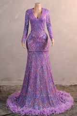 Long Sleeve Purple Prom Dresses for Teens Black Girls Luxury Feather Hem Plus Size Evening Gown Womens Sequin Party Dress