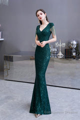 Long Sleeve V Neck Lace Prom Dresses Thin Cap Sleeve