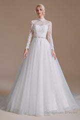 Long Sleeves High Neck with Tulle Train Full A-Line Wedding Dresses