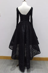 Long Sleeves Lace High Low Party Dresses , Beaded Black Evening Dresses