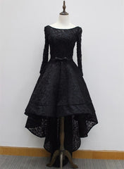 Long Sleeves Lace High Low Party Dresses , Beaded Black Evening Dresses