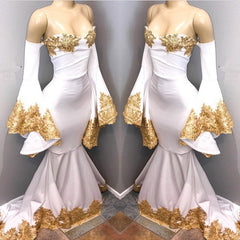 Long Sleeves Prom Party Gowns with gold appliques, mermaid evening Dresses