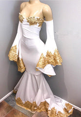 Long Sleeves Prom Party Gowns with gold appliques, mermaid evening Dresses