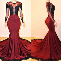 Long Sleeves Round Collar Mermaid Prom Dresses Red Sequins Long Chiffon