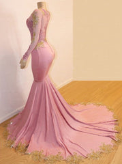 Long Sleeves Round Collar Mermaid Prom Dresses Sequins Pink Long Chiffon