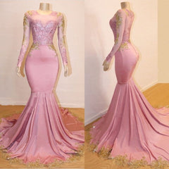 Long Sleeves Round Collar Mermaid Prom Dresses Sequins Pink Long Chiffon