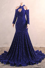 Long Sleeves Royal Blue Prom Dresses Sequin Mermaid Long Dresses