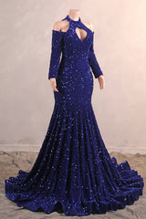 Long Sleeves Royal Blue Prom Dresses Sequin Mermaid Long Dresses