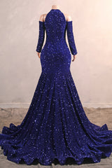 Long Sleeves Royal Blue Prom Dresses Sequin Mermaid Long Dresses