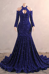 Long Sleeves Royal Blue Prom Dresses Sequin Mermaid Long Dresses