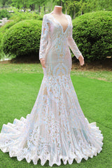 Long Sleeves Sequins Mermaid Prom Dresses Iridescent Shower Party V Neck Evening Dresses Chapel Train