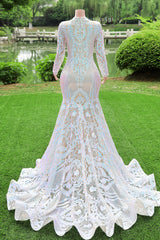 Long Sleeves Sequins Mermaid Prom Dresses Iridescent Shower Party V Neck Evening Dresses Chapel Train