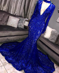 Long Sleeves V-neck Mermaid Prom Dresses Sequins Long Chiffon Red Royal Blue