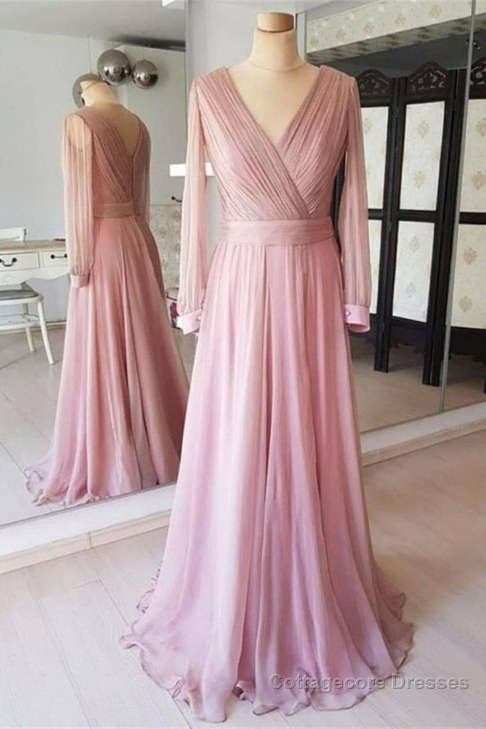 Long Sleeves V Neck Pink Chiffon Long Prom Dress, Long Sleeves Pink Bridesmaid Dress, Pink Formal Evening Dress