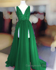 Long Tulle V-neck Prom Dresses Sequin Beaded Evening Gowns