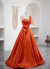 Spaghetti Straps Orange Satin Prom Formal Dress, A-Line Floor Length Evening Dress