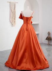 Spaghetti Straps Orange Satin Prom Formal Dress, A-Line Floor Length Evening Dress