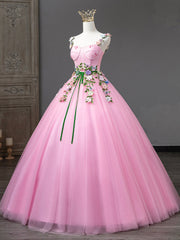 Pink Tulle Flower Long Prom Dresses, Lovely Spaghetti Formal Dresses Sweet 16 Dresses