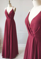 Burgundy Chiffon Long Prom Dresses, Simple V-Neck Evening Dresses