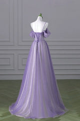 Lovely A-line Light Purple Tulle Beaded Long Party Dresses, Light Purple Prom Dresses