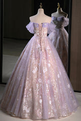 Lovely A-Line Off the Shoulder Sequins Prom Dress, Purple Tulle Corset Floor Length Evening Dress